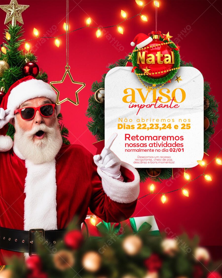 Flyer Aviso de Recesso de Natal com Papai Noel PSD Editável