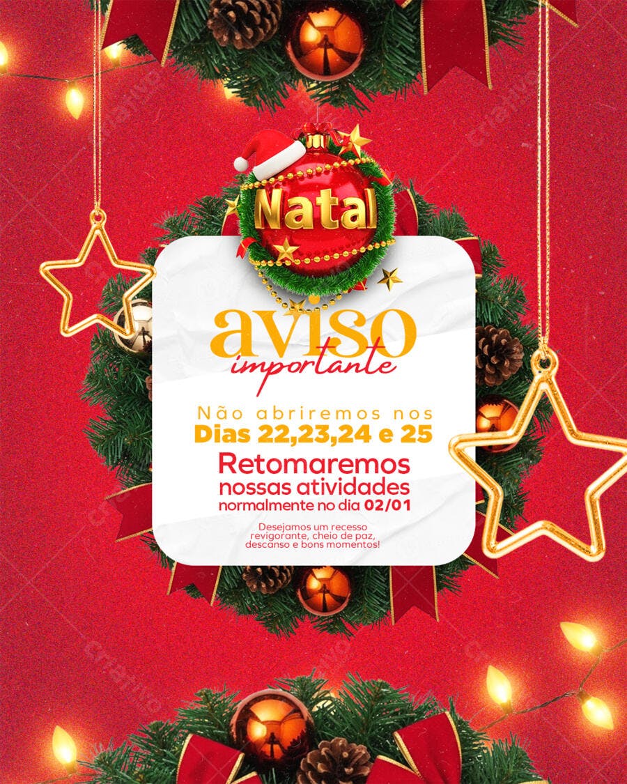 Aviso de Recesso Natalino para Fim de Ano PSD Editável
