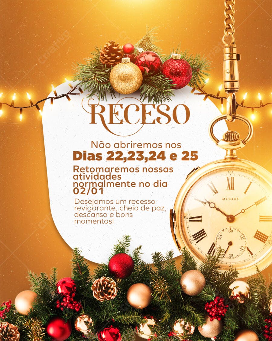 Flyer Aviso de Recesso Natal e Ano Novo PSD Editável