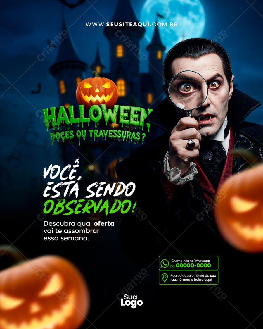 Flyer Halloween Doces ou Travessuras com Vampiro PSD Editável