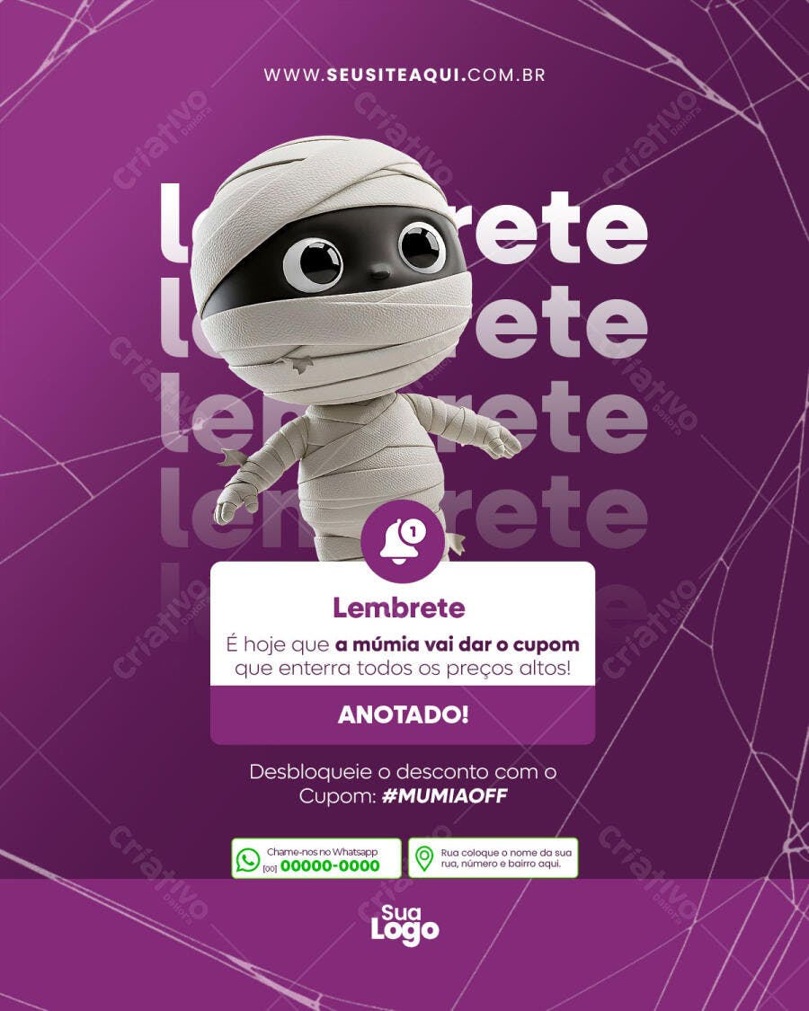 Post para Mídias Sociais Lembrete de Cupom Múmia Roxa Psd Editável
