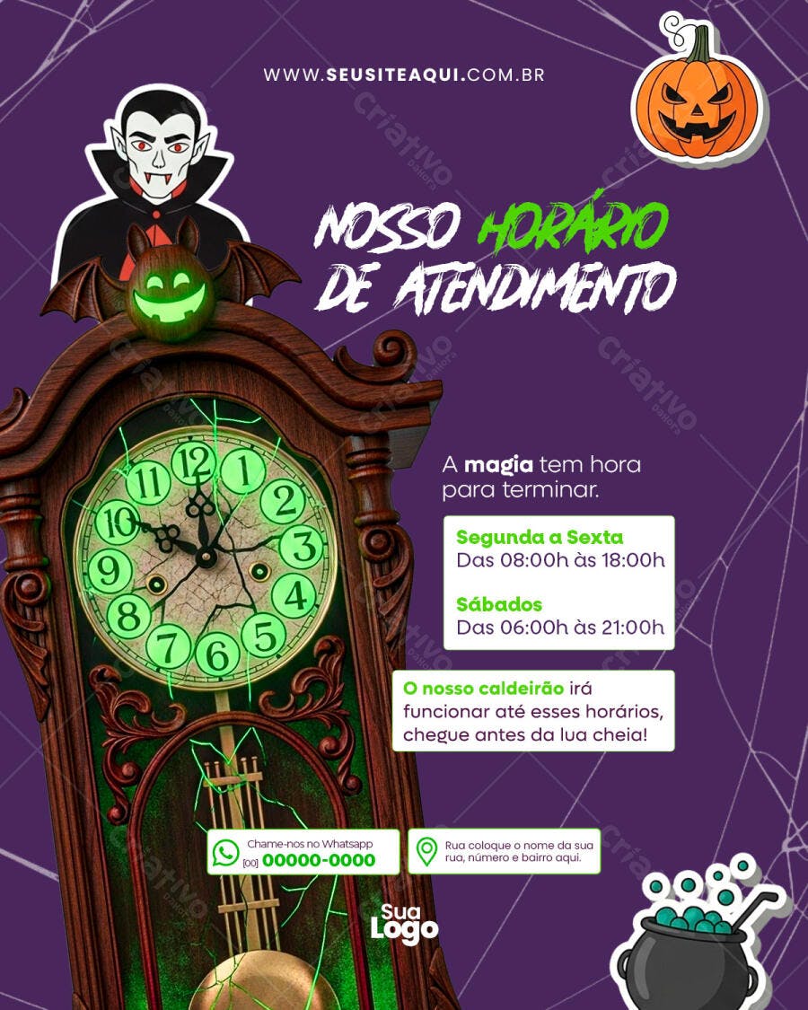 Flyer Horário de Atendimento Halloween PSD Editável