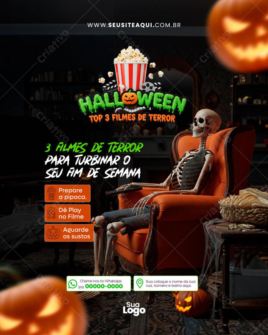 Flyer para Halloween Top 3 Filmes de Terror Psd Editável