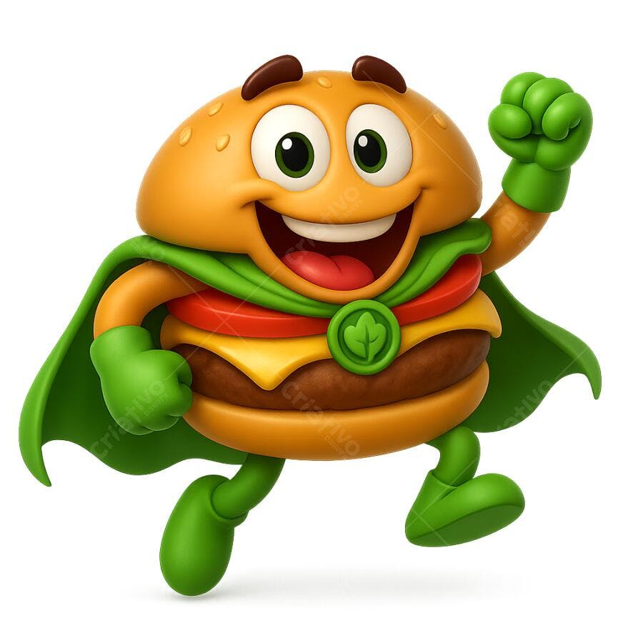 Ilustração Hamburguer Super Herói Mascote Alegre Verde Laranja PNG com fundo transparente