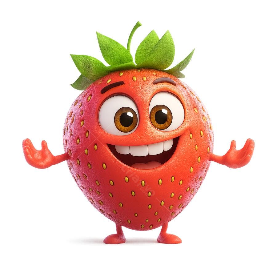 Personagem 3D Morango Cartoon Feliz para Mídias Sociais PNG com fundo transparente