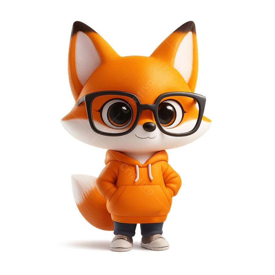 Mascote raposa inteligente com óculos e moletom laranja PNG com fundo transparente