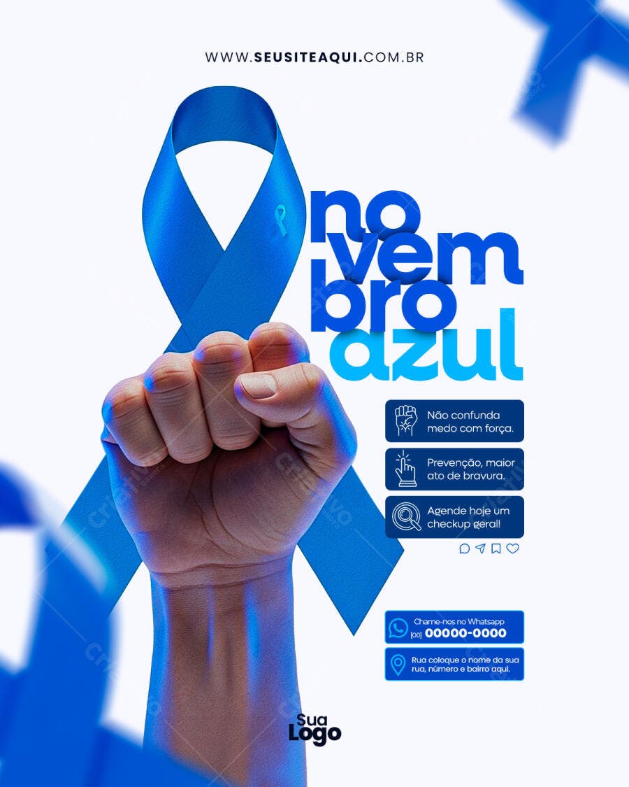 Flyer Novembro Azul Punho e Fita Azul Prevenção Masculina PSD Editável