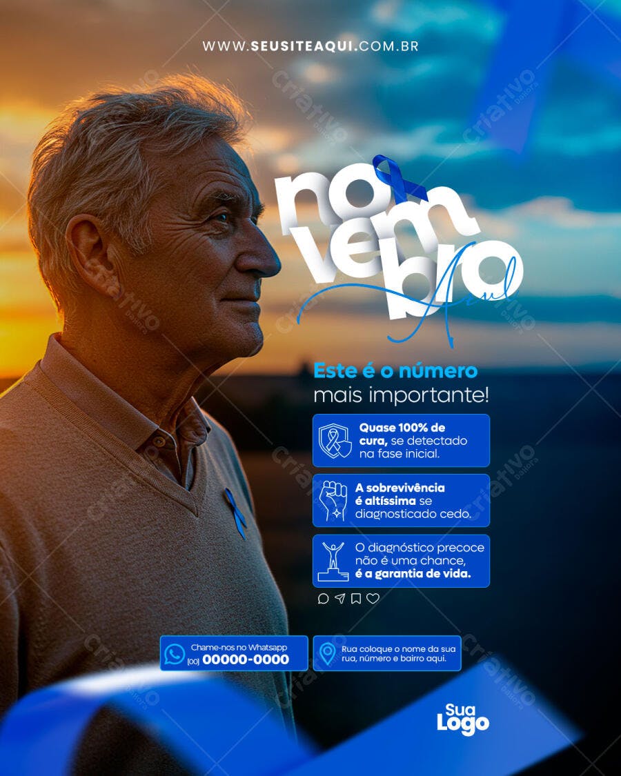 Flyer Digital Novembro Azul Conscientização Câncer Próstata PSD Editável