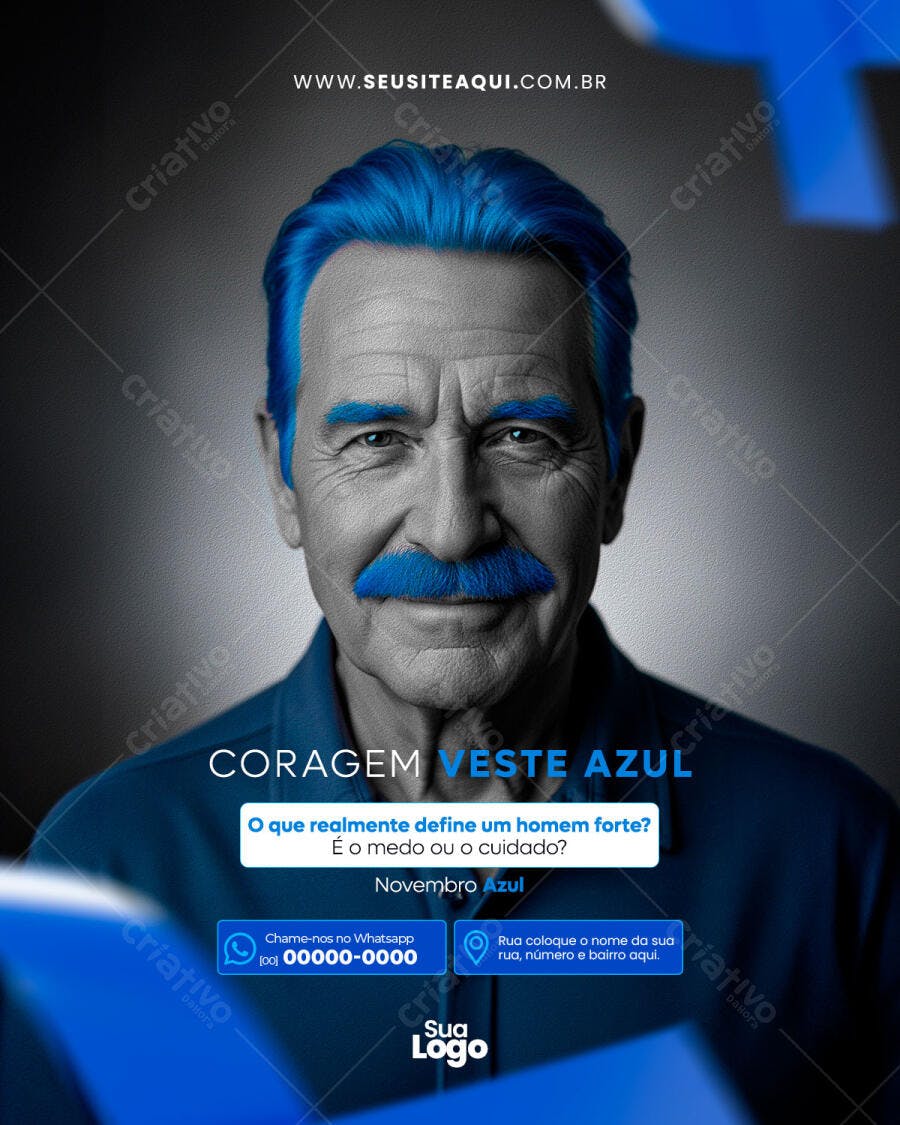 Flyer Novembro Azul Homem Bigode Azul Coragem Veste Azul PSD Editável