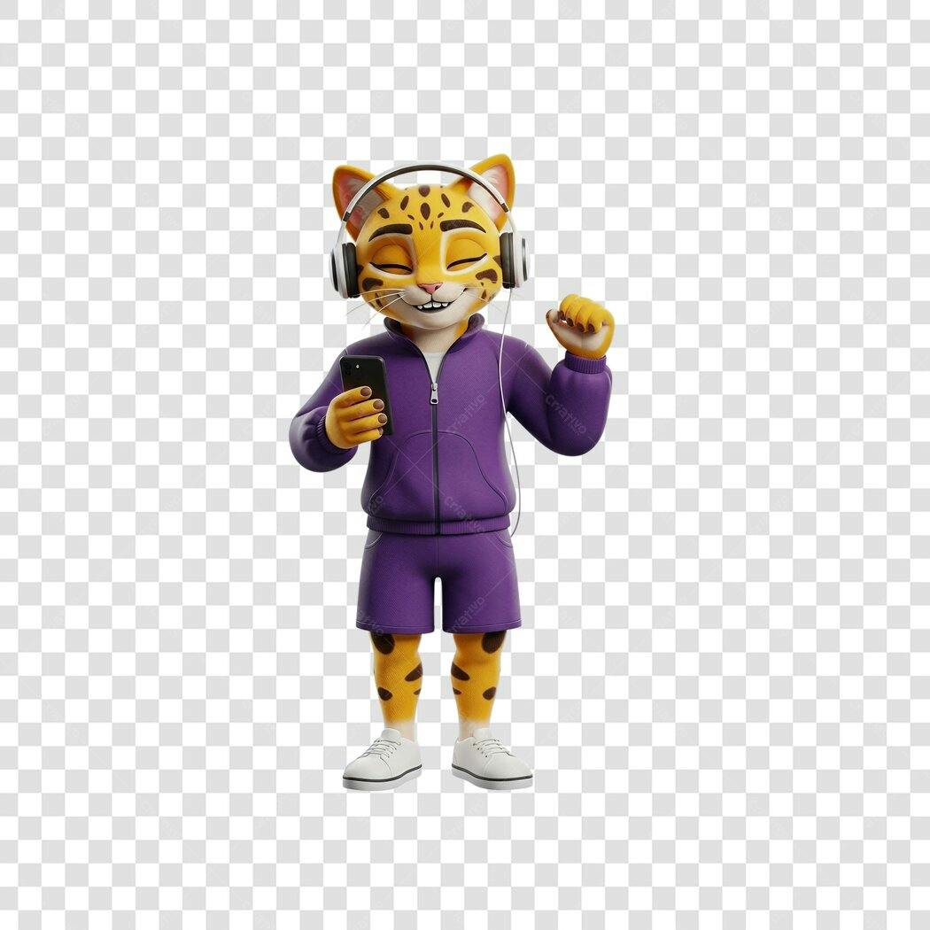 Mascote Leopardo 3D Roxo Ouvindo Música PNG com fundo transparente