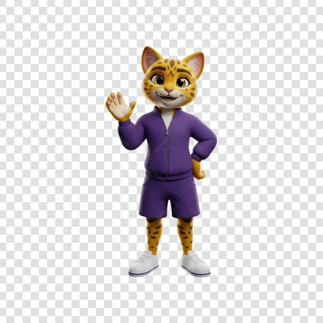 Mascote 3D Leopardo Atleta Roxo Acenando PNG com fundo transparente
