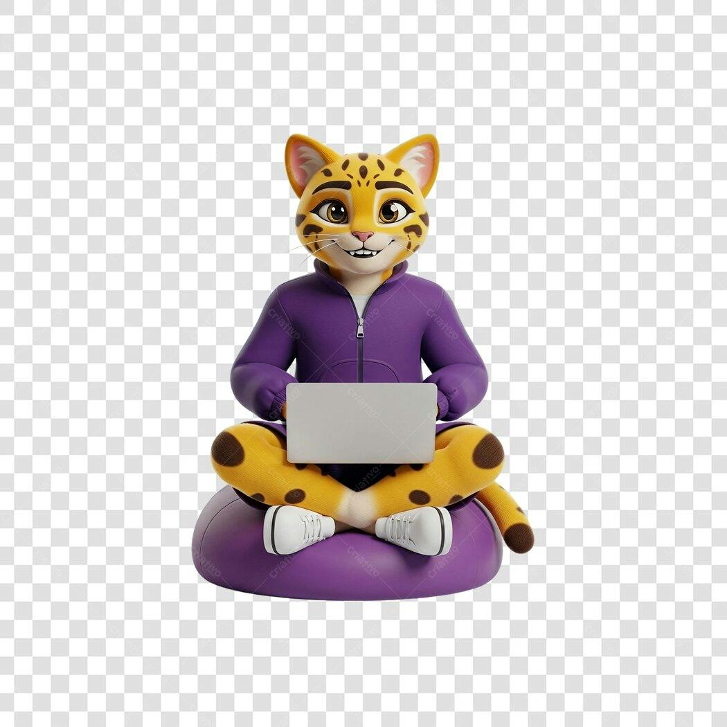 Mascote 3D Gato Guepardo programador com notebook roxo sentado PNG com fundo transparente