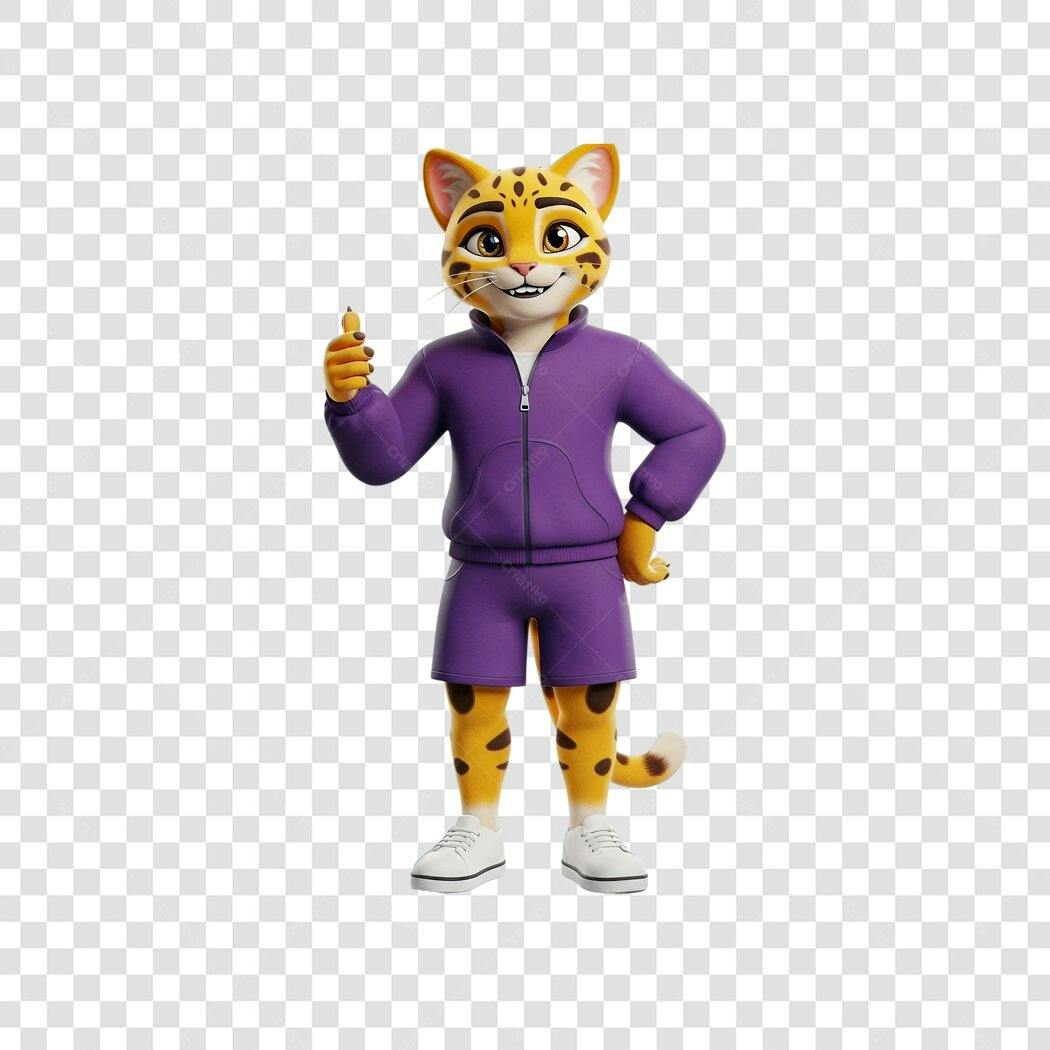 Mascote 3D Jaguar Guepardo Roxo Atleta Sorrindo PNG com fundo transparente