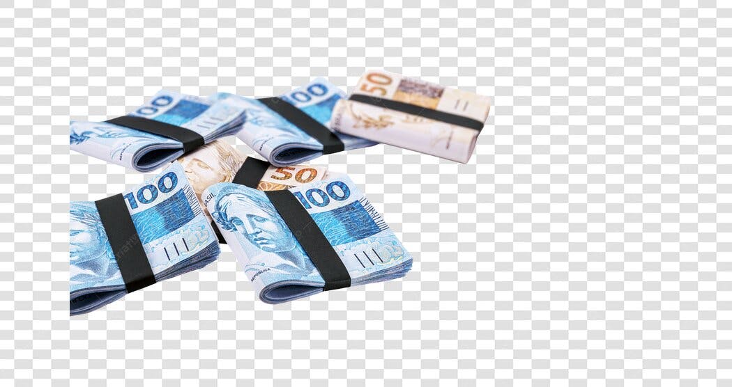 Pacote de notas dinheiro Real Brasileiro com elástico PNG com fundo transparente