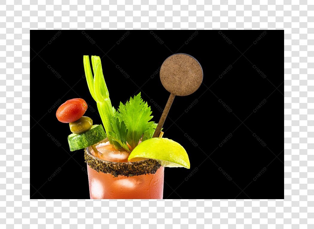 Coquetel Bloody Mary com aipo tomate limão rótulo marrom PNG com fundo transparente