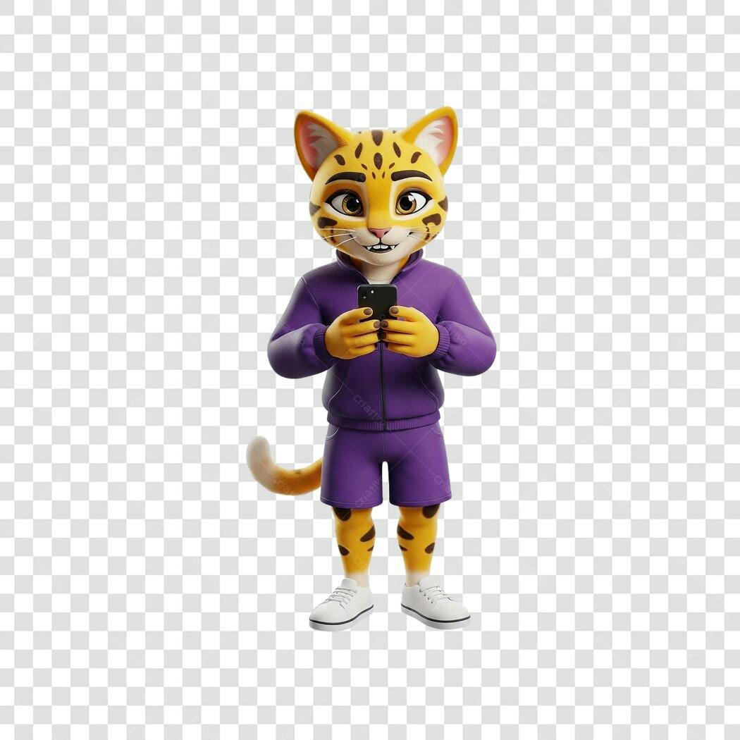 Ilustração 3D onça parda roxa com celular para marketing digital PNG com fundo transparente