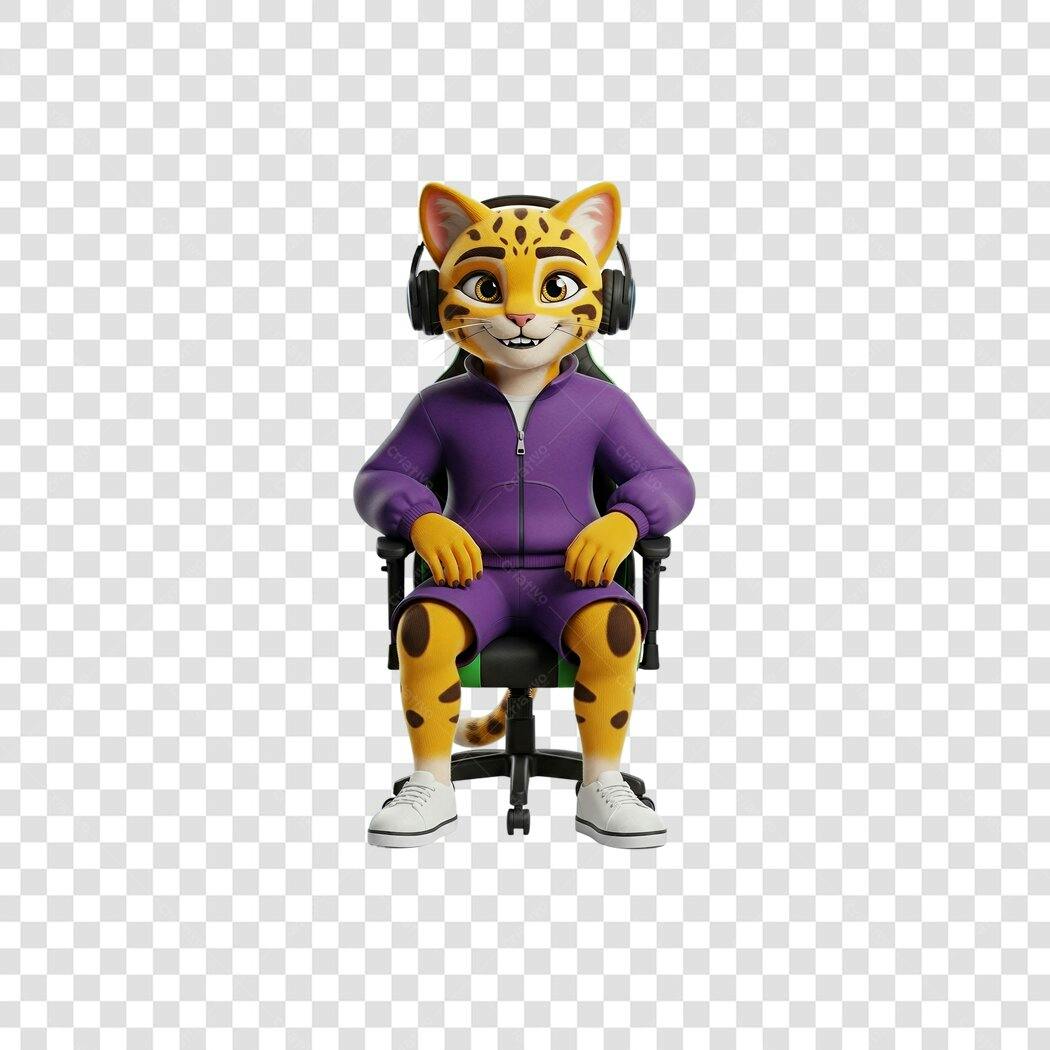 Personagem Gamer Guepardo com Fone de Ouvido em Cadeira Roxo PNG com fundo transparente