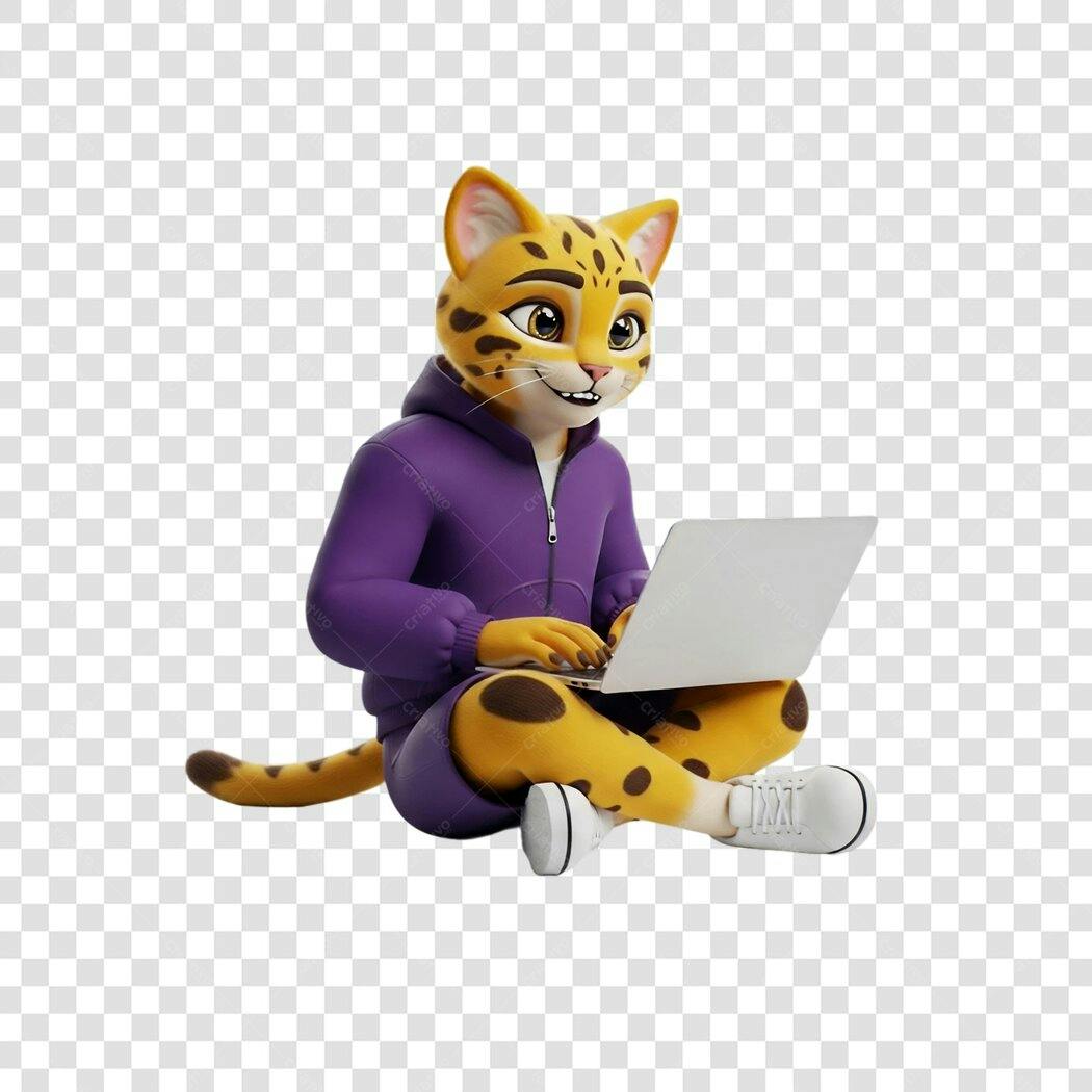 Ilustração 3D Guepardo Jovem Programador Roxo com Notebook PNG com fundo transparente