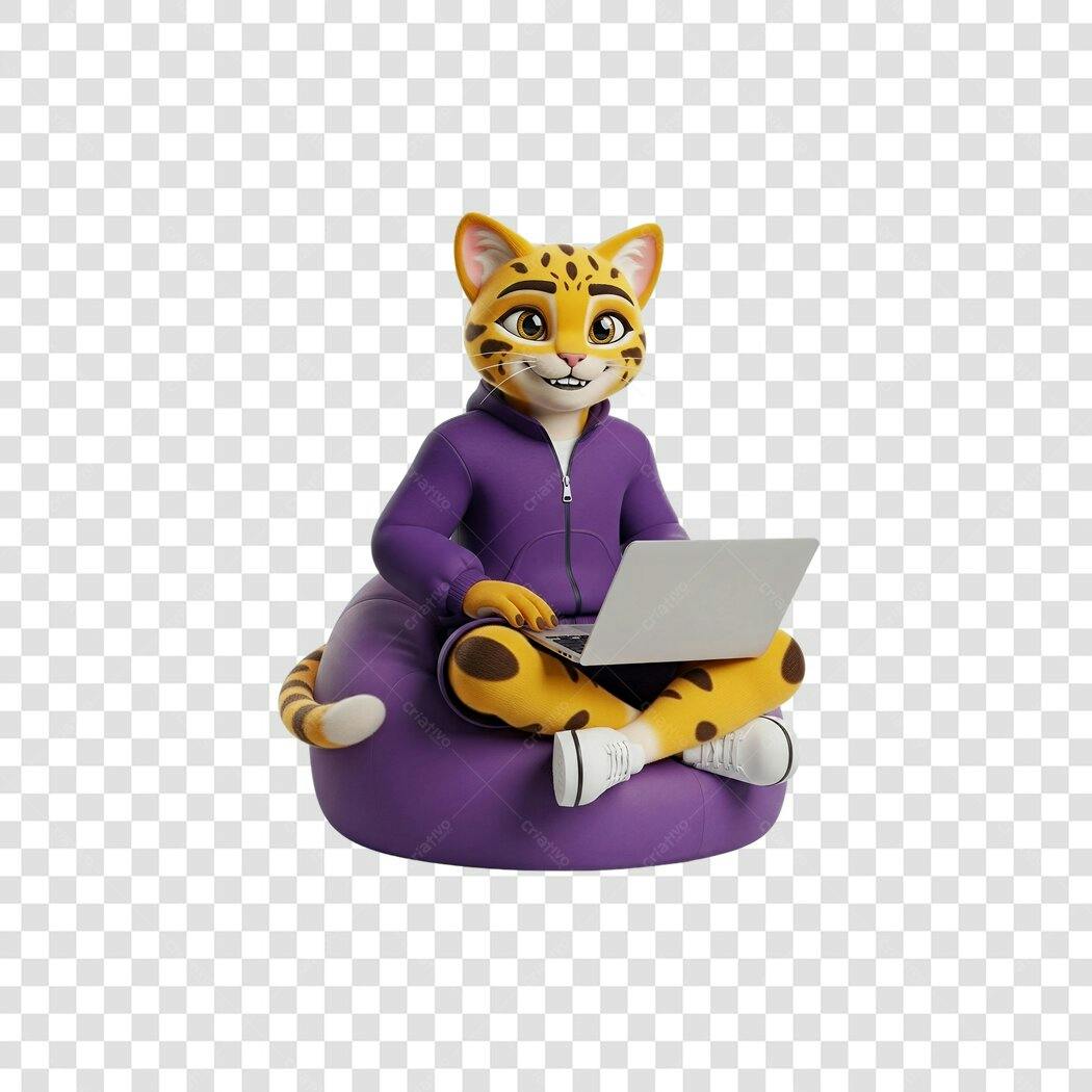 Personagem 3D Mascote Onça Roxo Amarelo com Laptop PNG com fundo transparente
