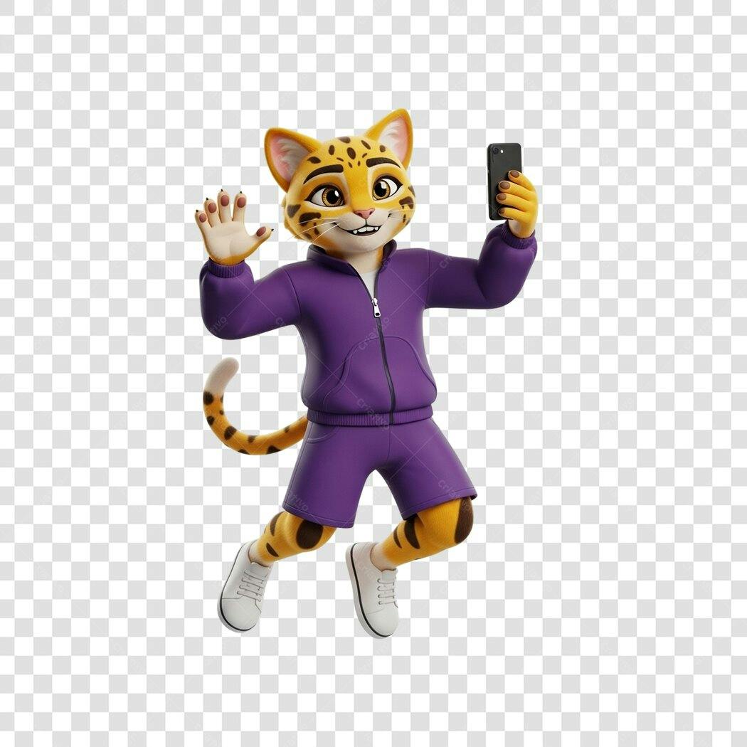 Mascote Onça Pintada Roxa 3D Selfie Mídias Sociais PNG com fundo transparente