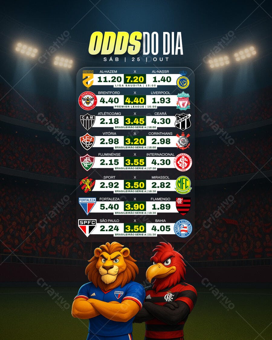 Flyer Esportes Odds do Dia Futebol Apostas Leão Águia PSD Editável