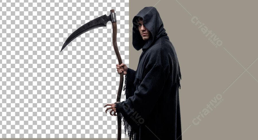 Recorte de Personagem Ceifador Sombrio com Foice para Halloween PSD Editável