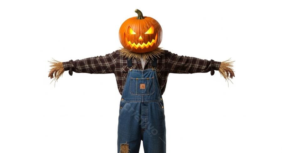 Espantalho de Halloween com cabeça de abóbora iluminada em fundo branco