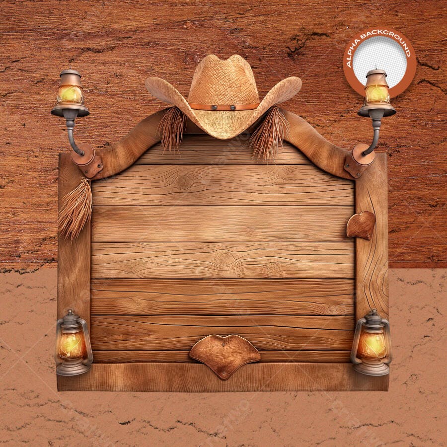 Flyer Placa Madeira Chapéu Cowboy Lanternas PSD Editável