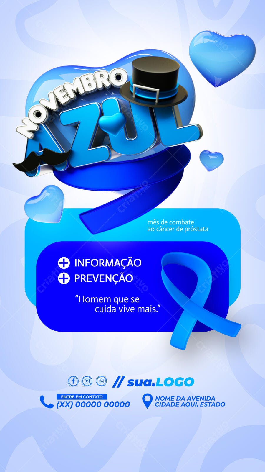 Flyer Novembro Azul 3D com Bigode e Chapéu PSD Editável