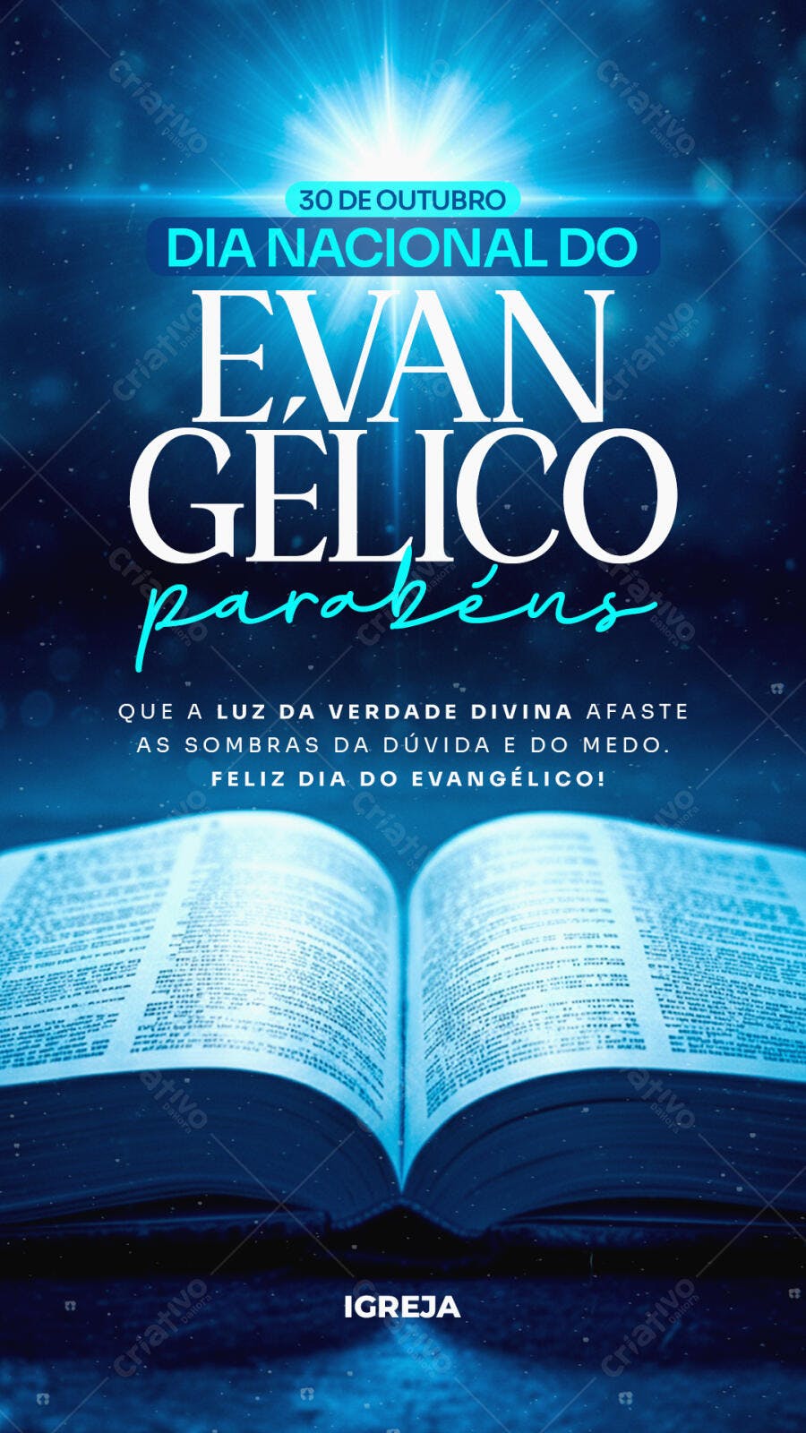 Flyer Dia Nacional do Evangélico com Bíblia Azul PSD Editável