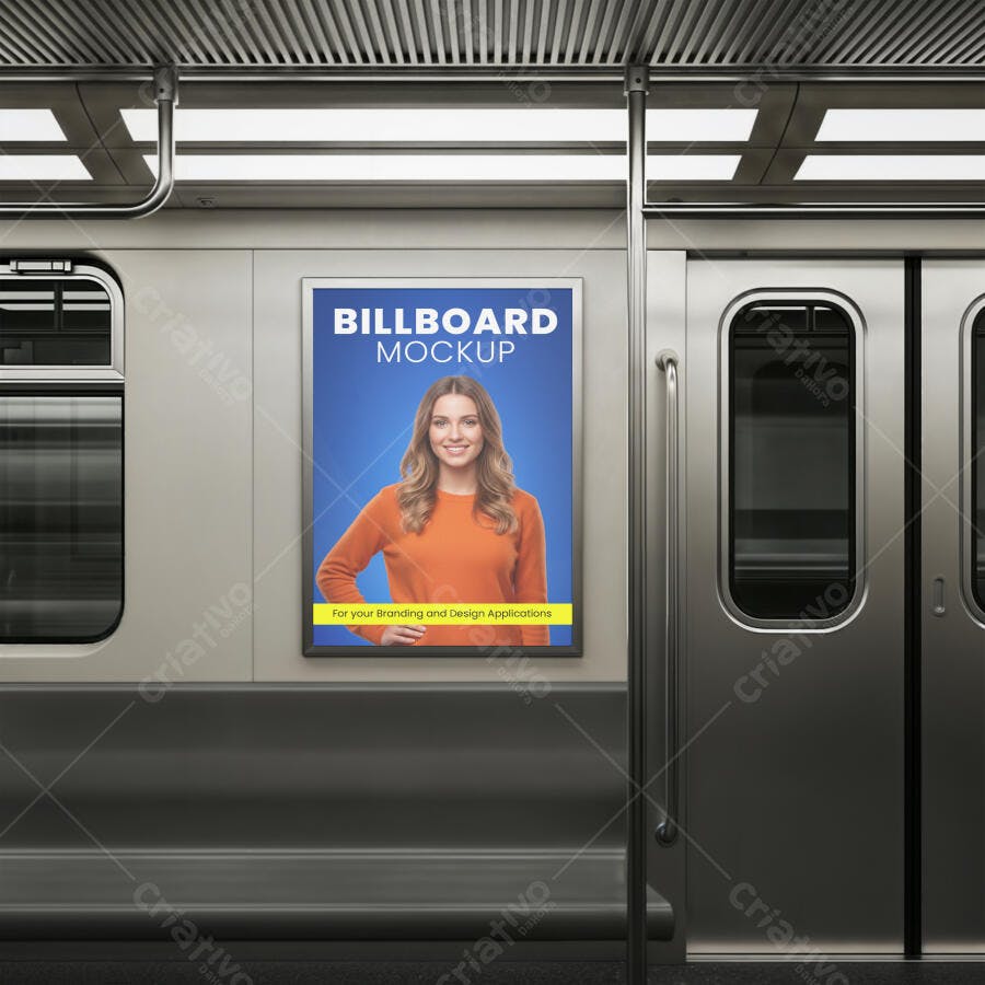 Mockup Realista de Painel Publicitário em Metrô com Mulher Sorridente e Fundo Azul