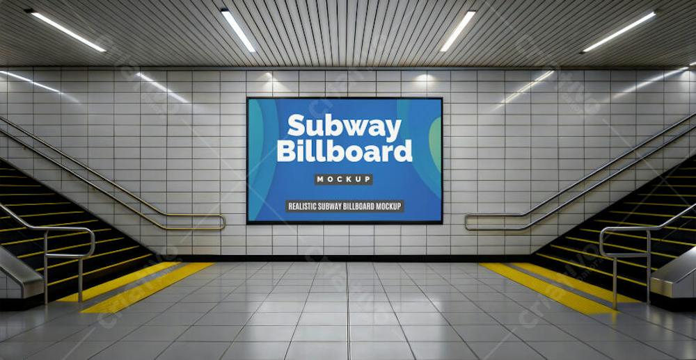 Mockup Realistic Subway Billboard with Stairs and Urban Lighting ...