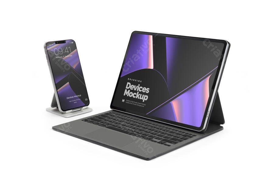 Mockup Realista de Notebook e Smartphone Modernos com Telas Roxas