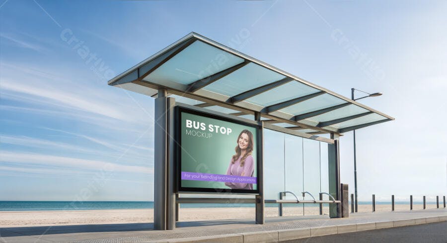 Mockup Painel Digital em Abrigo de Ônibus Moderno na Praia com Jovem Mulher