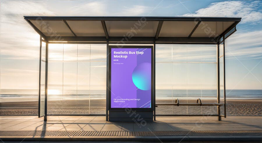 Mockup Realista de Outdoor em Ponto de Ônibus na Praia ao Pôr do Sol