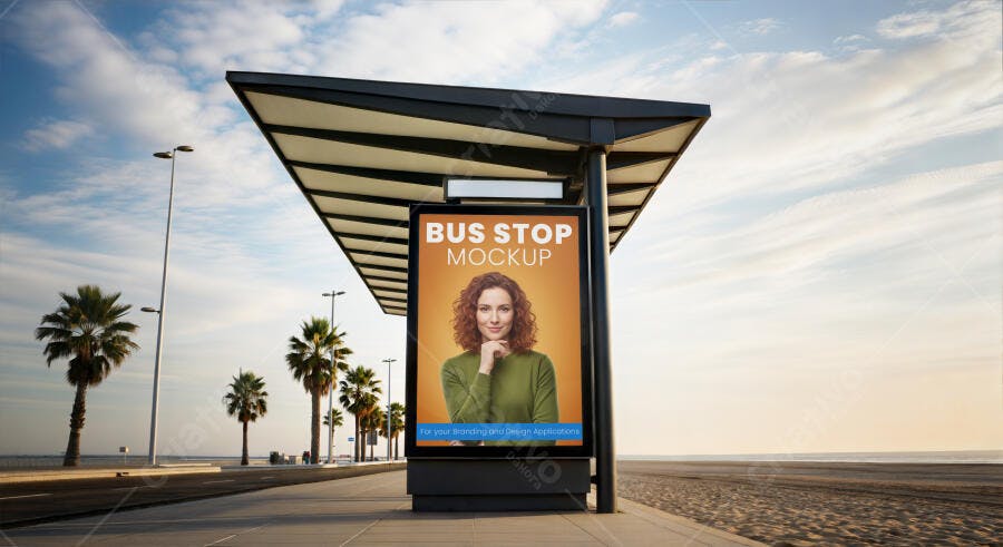 Mockup de Painel Publicitário em Ponto de Ônibus na Praia Tropical e Mulher Ruiva