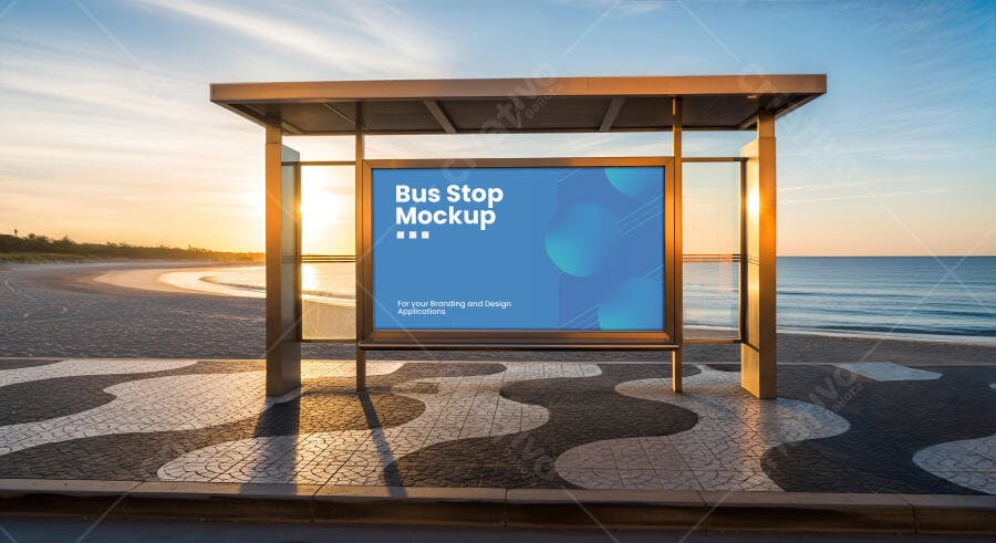 Mockup Realista de Ponto de Ônibus com Outdoor na Praia ao Pôr do Sol Dourado