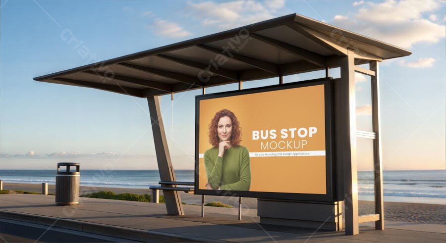 Mockup Realista de Painel Publicitário em Ponto de Ônibus Moderno na Praia