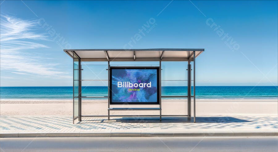 Mockup Realista de Outdoor Digital em Ponto de Ônibus na Praia sob Céu Azul