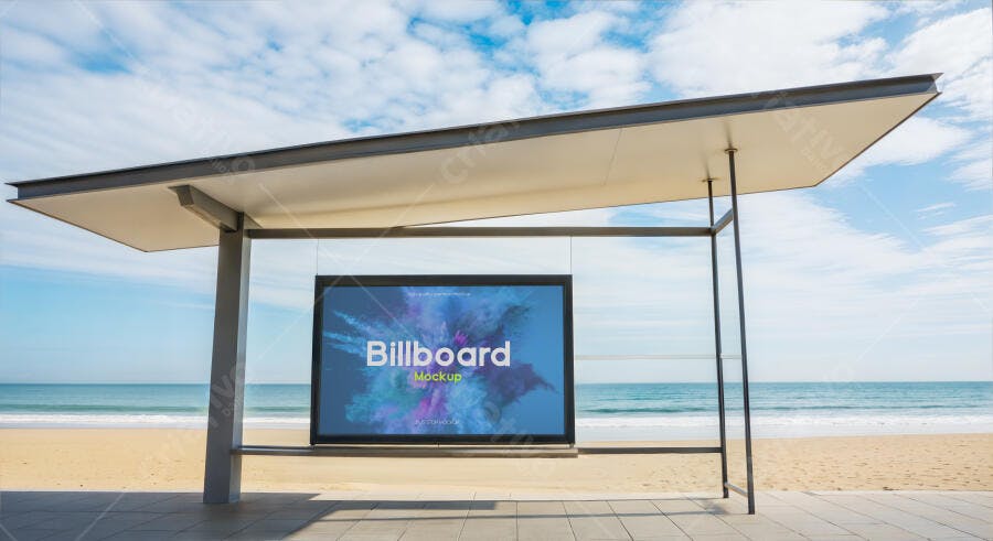 Mockup Realista de Outdoor Digital em Ponto de Ônibus na Praia com Céu Azul
