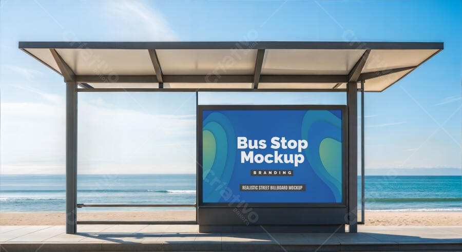 Mockup Realista de Painel de Ônibus na Praia com Céu Azul para Publicidade Exterior