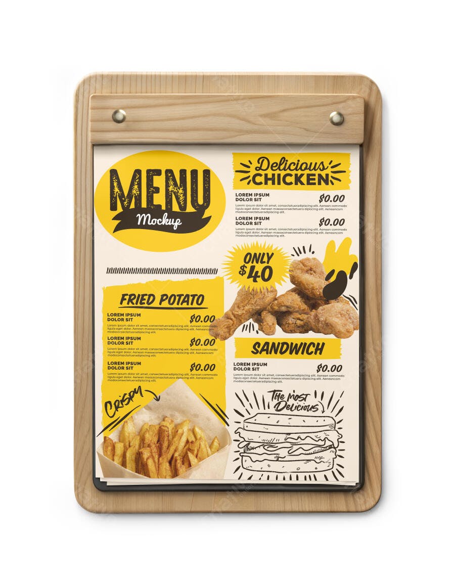 Mockup de Cardápio Vertical para Fast Food com Frango Frito e Batatas Realistas em Prancheta de Madeira