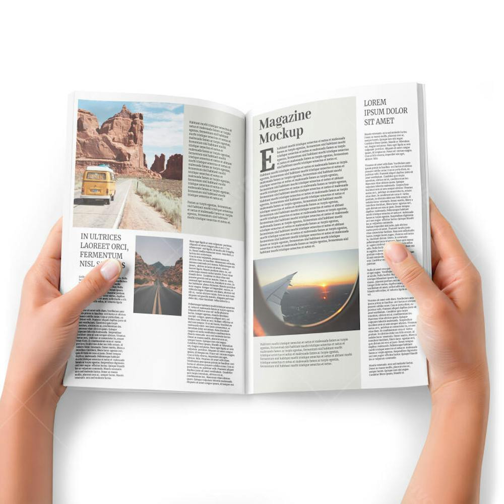Realistic Open Magazine Mockup Held by Hands on Clean White Background ...