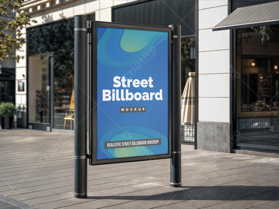 Mockup Outdoor Vertical Urbano Moderno Realista Azul e Verde em Calçada