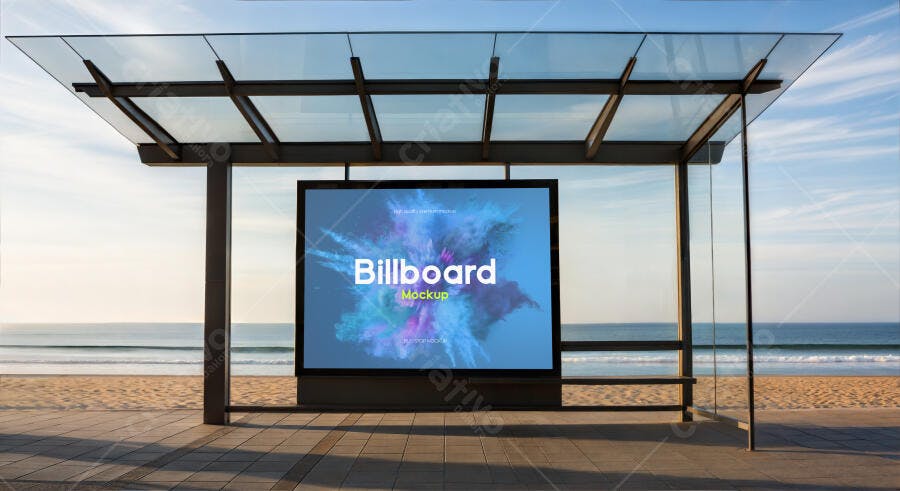 Mockup de Painel Digital Moderno em Parada de Ônibus na Praia com Céu Azul Claro