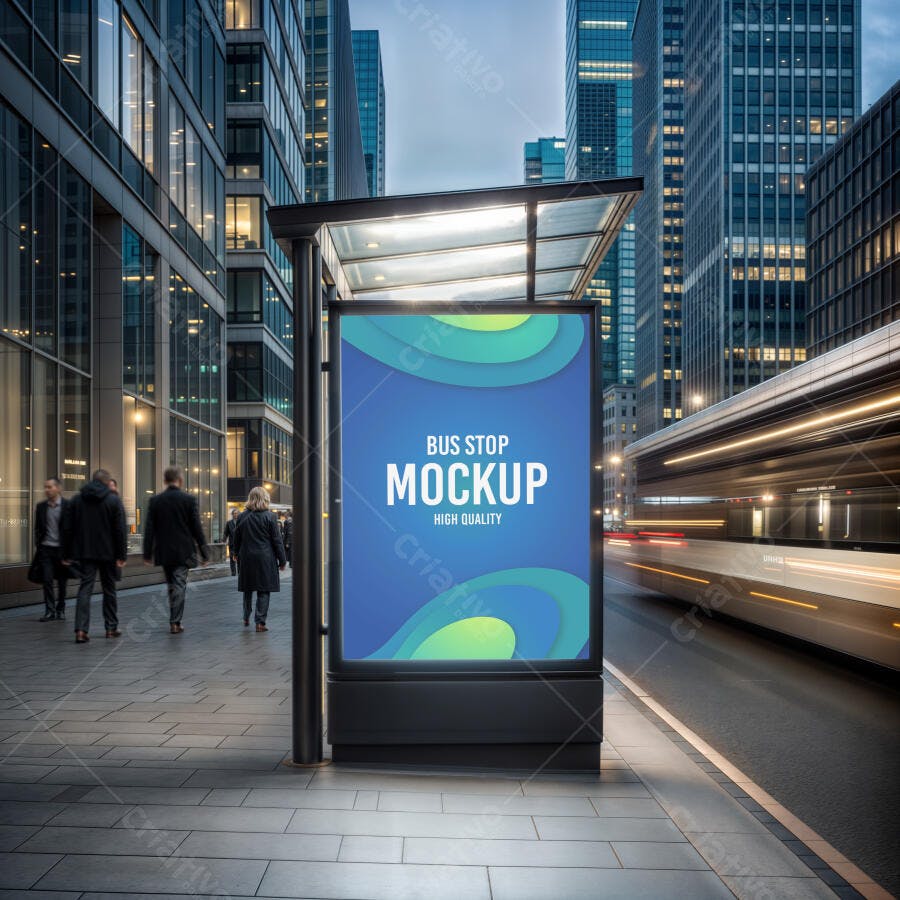 Mockup Outdoor Digital em Ponto de Ônibus Moderno Urbano Noturno