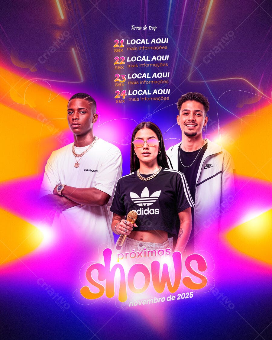 Flyer para Próximos Shows de Trap com Artistas Jovens PSD Editável