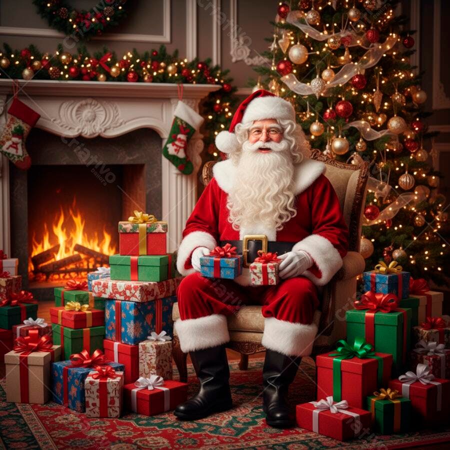 Papai Noel vermelho com barba branca sorrindo sentado entre presentes na sala de Natal