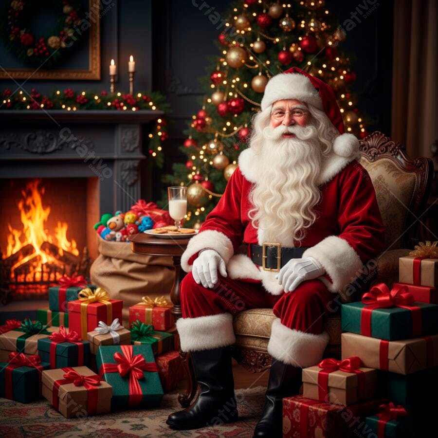 Papai Noel feliz em poltrona com lareira acesa e árvore de Natal cheia de presentes
