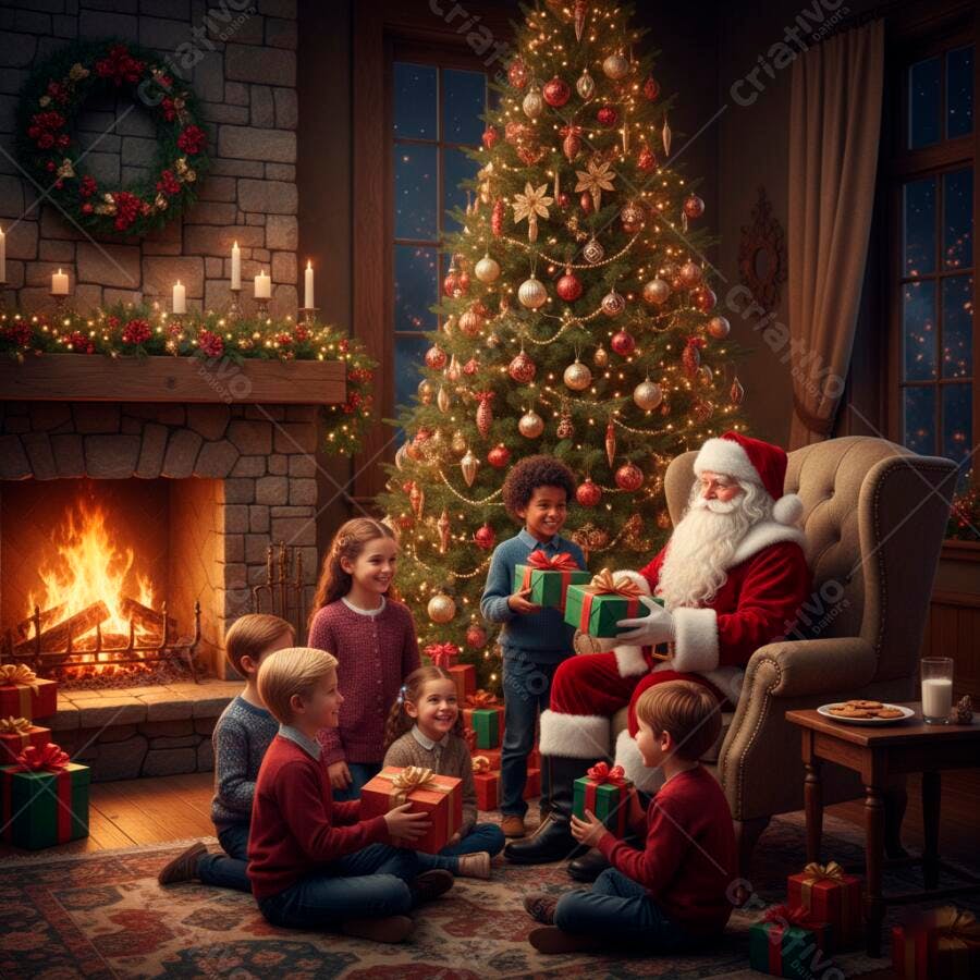 Papai Noel e crianças felizes trocando presentes em sala de Natal aconchegante
